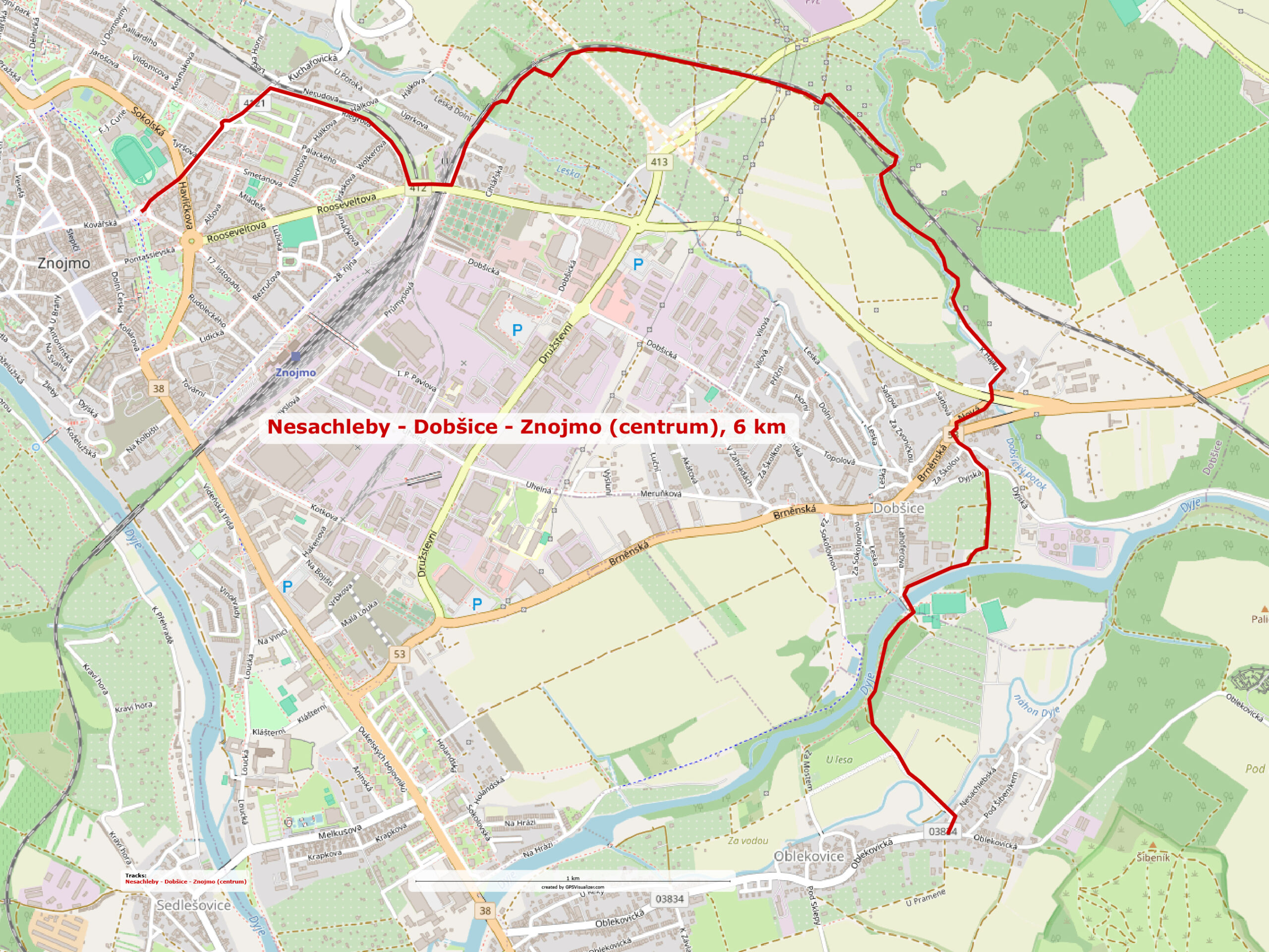 Nesachleby – Dobšice – Znojmo (centrum), 6 km