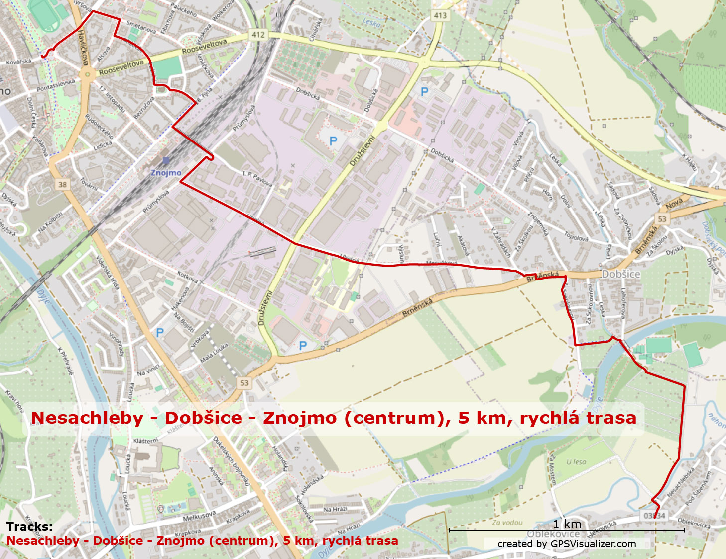 Nesachleby – Dobšice – Znojmo (centrum), 5 km, rychlá trasa