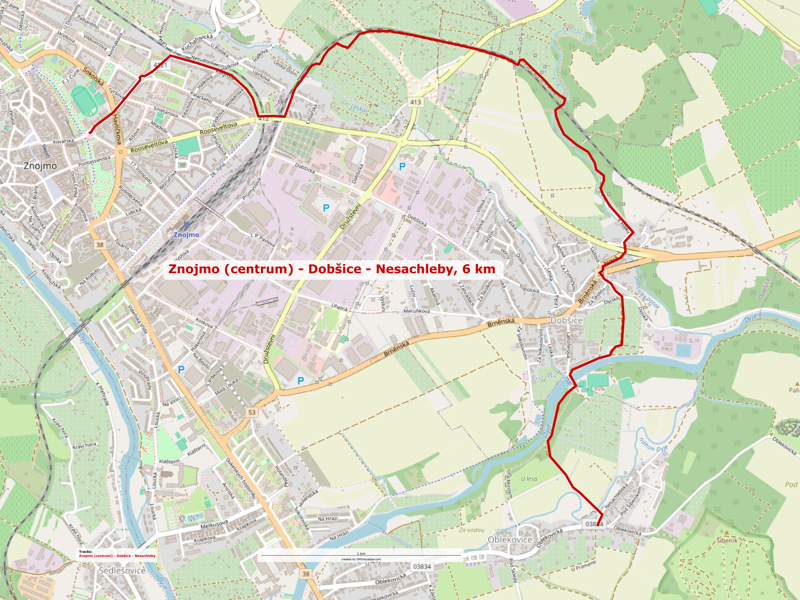 Znojmo (centrum) – Dobšice – Nesachleby, 6 km