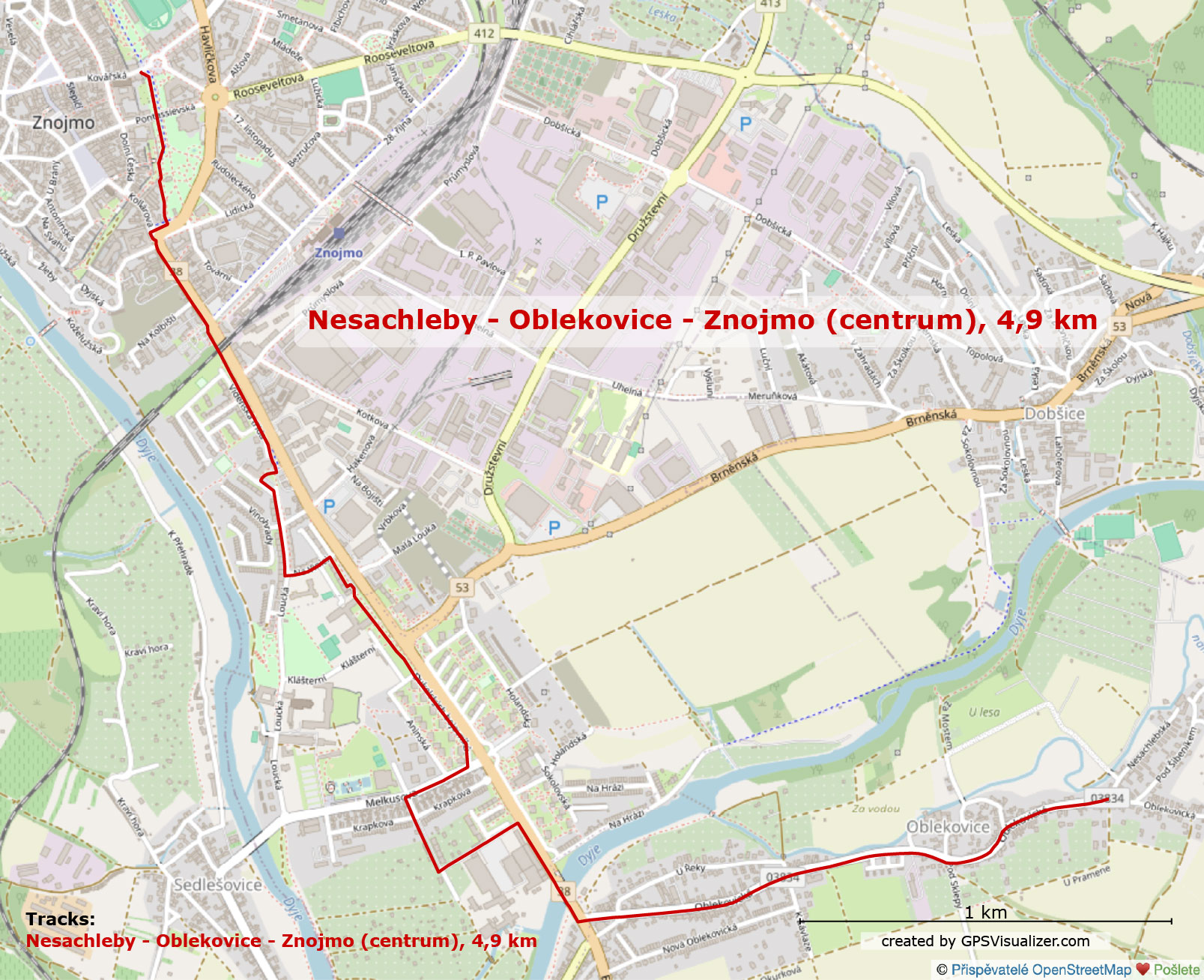 Nesachleby – Oblekovice – Znojmo (centrum), 5 km, rychlá trasa